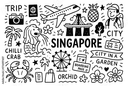 travel doodle composition with singapore culture icons and modern holiday elements, Transparent Background