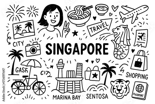 travel doodle composition with singapore culture icons and modern holiday elements, Transparent Background