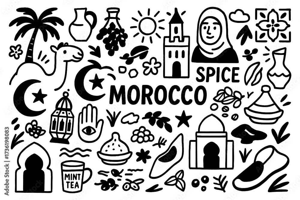 Fototapeta premium travel doodle composition with morocco culture icons and traditional holiday elements, Transparent Background