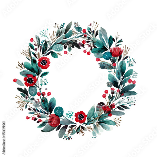 Illustrierter Blumenkranz, Wasserfarbe, Aquarell, Weihnachtliches Motiv, Verlustfrei skalierbar, Vektor Grafik