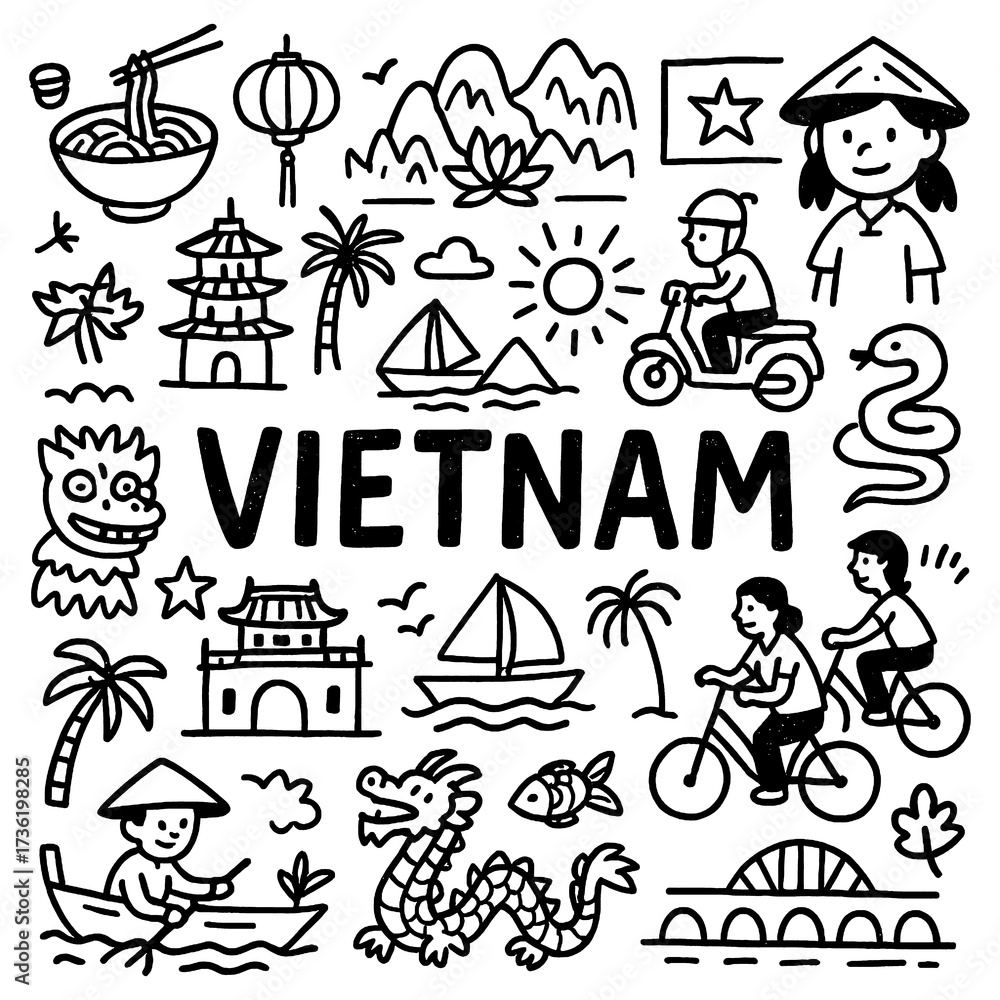 Fototapeta premium travel doodle composition with vietnam culture icons and traditional holiday elements, Transparent Background