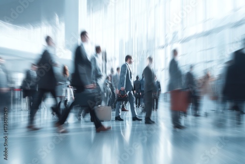 Blurred motion crowd of business people in office lobby