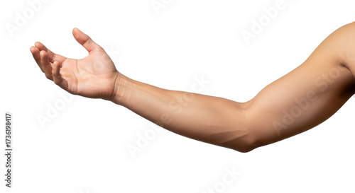 Isolated human arm reaching out, showing skin tone and musculature, in studio shot