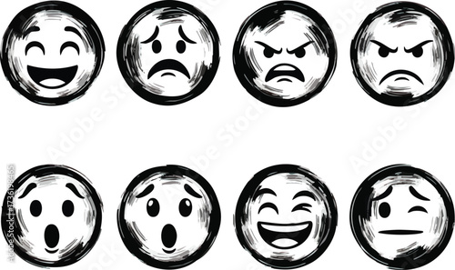 A set of eight hand-drawn, black and white emoticons depicting a variety of human emotions and facial expressions.