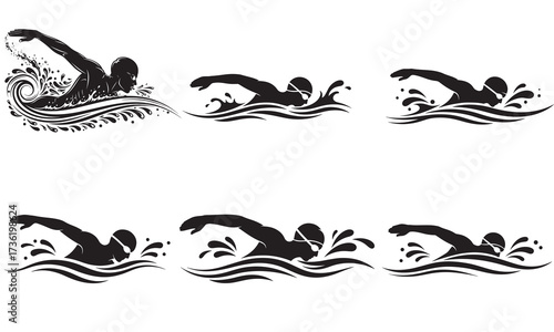 Dynamic Swimmer Illustrations A Silhouette Collection Showcasing Aquatic Movement and Graceful Strokes in Watersports and Athleticism Black and White Design