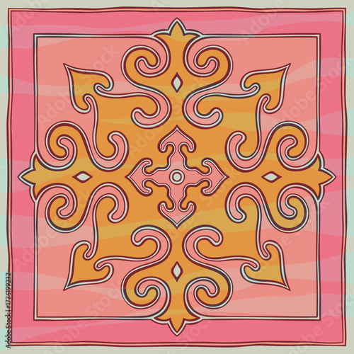 Vector Central Asian nomadic ornament in soft pastel palette with pink, yellow, white and brown for modern textiles, feminine packaging and decorative folk inspired designs