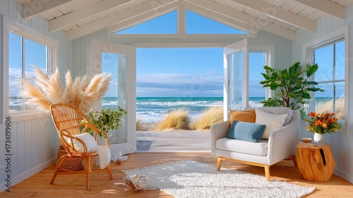Minimalist summer house with open-plan living space, neutral-toned furniture, and large sliding glass doors leading to a wooden deck with ocean views