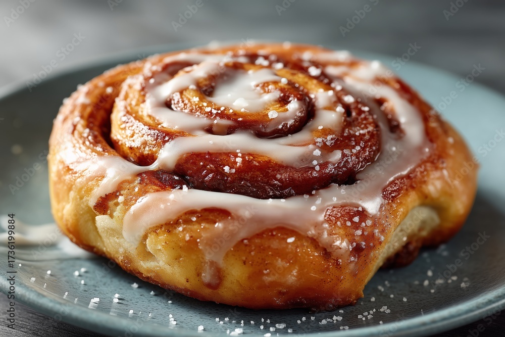 Fototapeta premium Cinnamon roll with icing and sugar on a blue plate