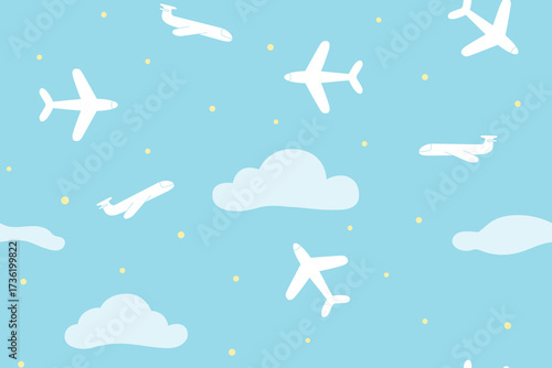 Planes and clouds in the blue sky. White silhouettes on a blue background. Seamless pattern under clipping mask, convenient for editing. Minimalist style. Background for cover, textile, wrapping paper