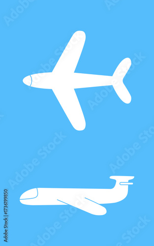 Airplanes silhouettes set isolated on a blue background. Two different airplane shapes. Icon set, vector illustration.