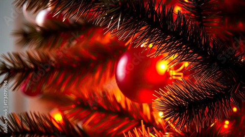 Tight close-up of a Christmas tree under warm, strong hard light, showing reds, oranges, and yellows with direct shadows