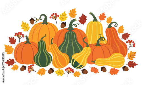 Festive Autumnal Abundance A Colorful Harvest Display of Pumpkins Gourds Leaves Berries and Acorns for Fall Decorations and Seasonal Celebrations