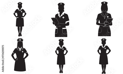 Silhouetted Nurse Illustrations in Uniforms with Caps Representing Healthcare and Medical Professions Isolated on a White Background