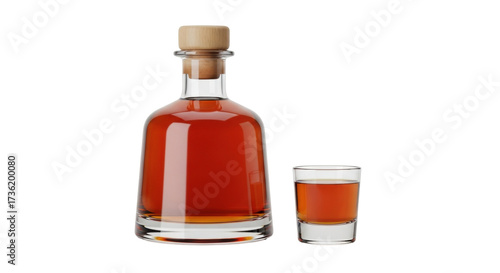 Photography Isolated bottle and glass of amber liquid alcohol spirit liqueur or schnapps no