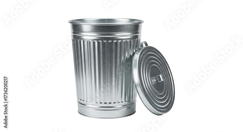 Isolated silver metal trash can with a lid slightly ajar on a seamless backdrop in studio lighting
