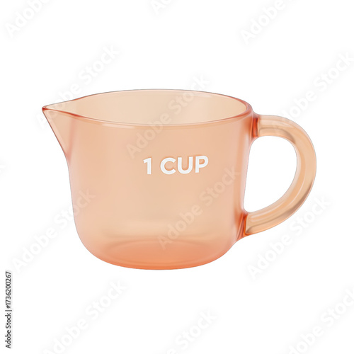 A translucent peach-colored plastic measuring cup, clearly marked for one cup, stands ready for precise culinary tasks on a clean white background.