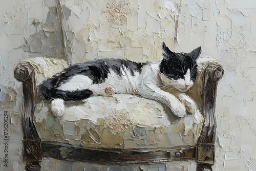 Fototapeta samoprzylepna Charming impasto oil painting of a relaxed cat lounging on an elegant armchair in a cozy room