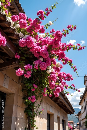Vibrant pink flowers bloom on the building.