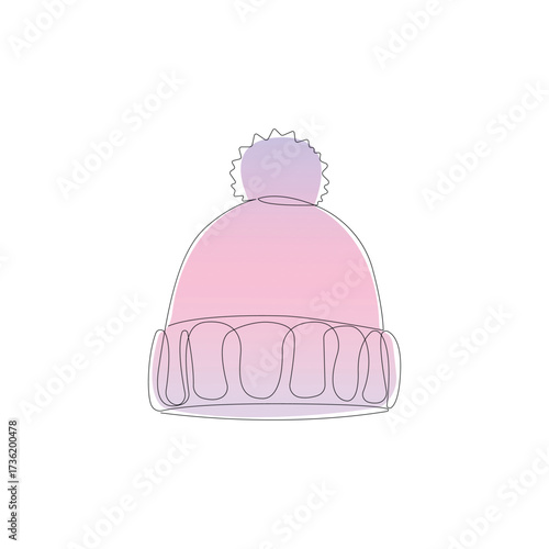 Pink and purple bobble hat one line art isolated on a white background