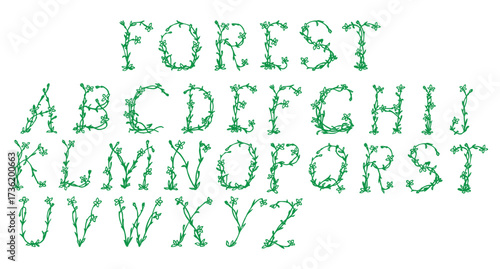 Alphabet letters a through z made of green vines and leaves on a white background with forest word