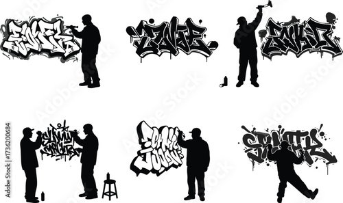 Silhouette of graffiti artist painting wall, urban street art illustration, spray paint design, hip hop culture concept, creative city artwork