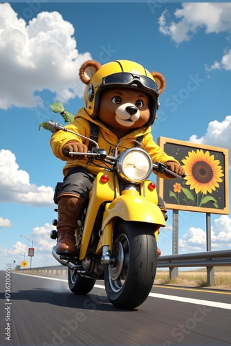 An anthropomorphic bear in a yellow jacket rides a yellow scooter on a sunny day.