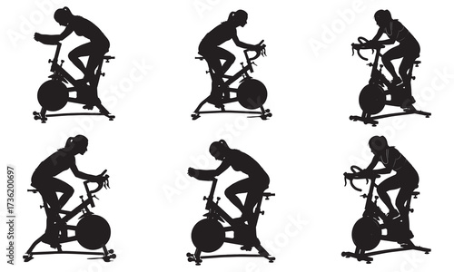 Silhouette Array of Determined Women Engaged in Indoor Cycling Training on Stationary Bikes Achieving Their Fitness Goals