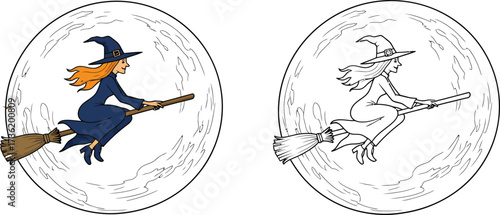 Halloween Witch Flying on Broomstick in Front of Full Moon Coloring Page