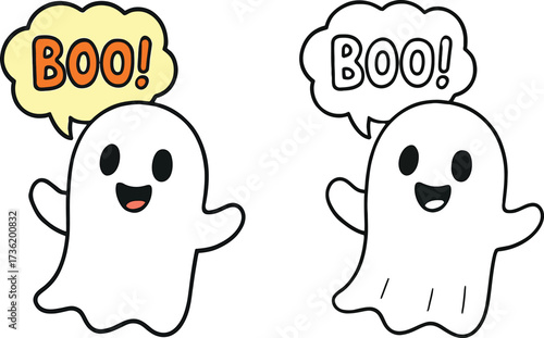 Halloween spooky illustration, funny kawaii spirit in blue vest, kids friendly ghost drawing for decoration and comics