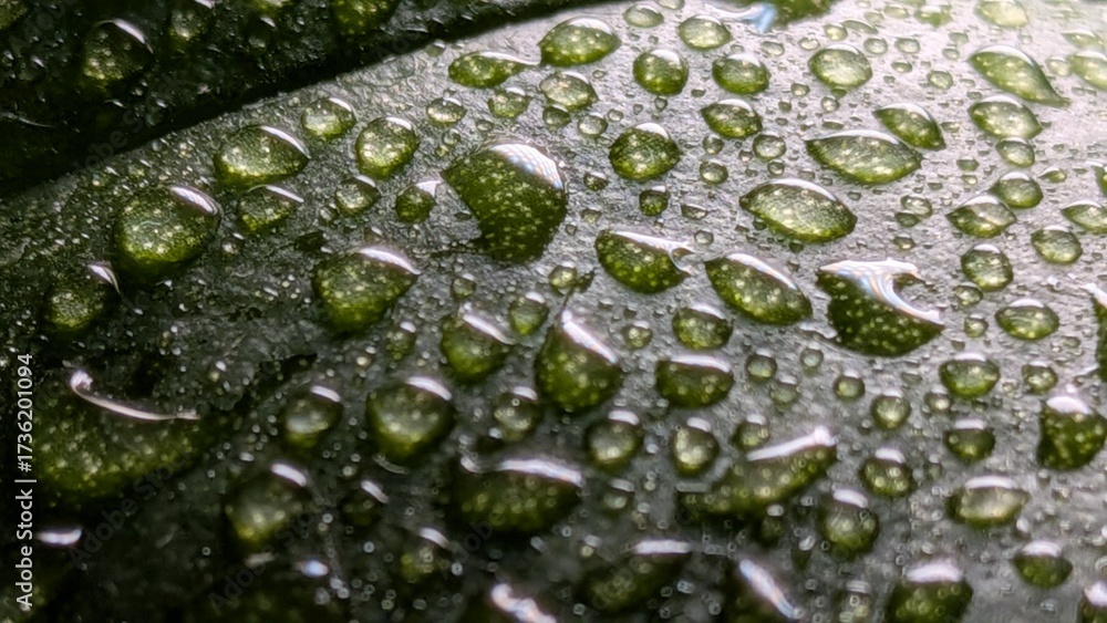 Fototapeta premium Natural texture of green leaf with dew drops