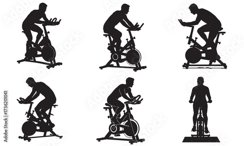 Silhouette Collection of People Exercising on Stationary Bikes Indoors for Fitness and Health with Varied Poses