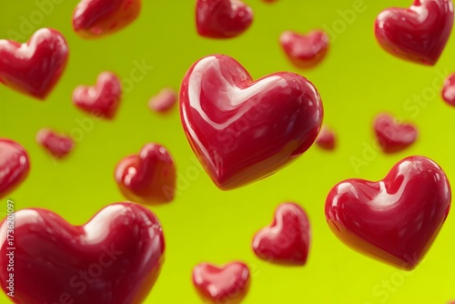 Shiny red hearts floating against a green background.