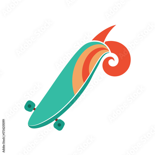 Skateboard with Abstract Rainbow and Swirl Design Keywords: skateboard, skating, extreme sports