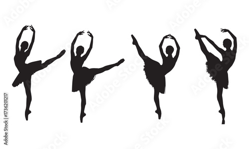 Silhouetted Ballerinas Strike Elegant Poses a Black and White Ballet of Graceful Movement and Dancing Figures