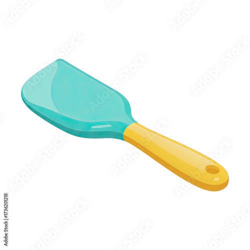 This vibrant turquoise silicone spatula, with its bright yellow handle, an essential kitchen utensil for baking, cooking, and mixing various ingredients.