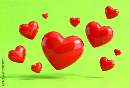 Bright red hearts floating against a green background.