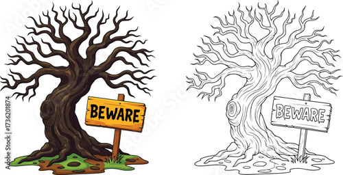 Spooky Bare Tree with "Beware" Sign