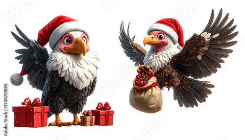 Cute Christmas vulture pair in Santa suit isolated on transparent background