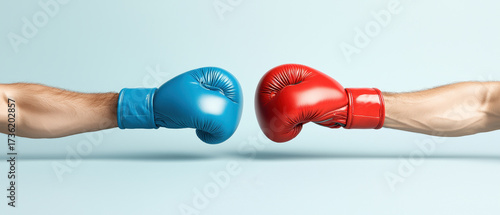 Two boxing gloves, one red and one blue, collide with powerful impact, symbolizing rivalry, competition, and energy in a minimalist background