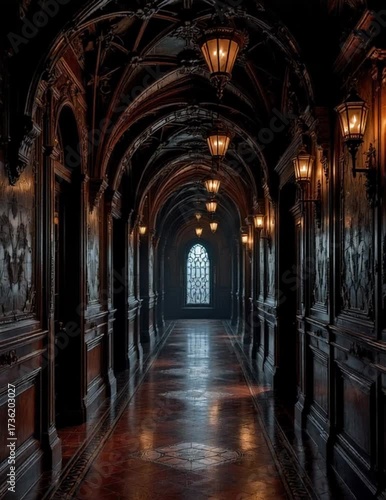 Ornate corridor with arched ceiling and vintage lighting