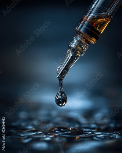 Suspended Alchemy - A Glistening Drop of Amber Tincture in Moody Blue Light.