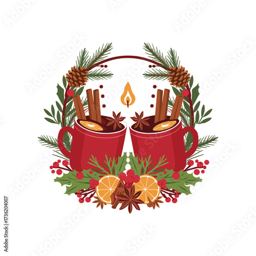 Christmas Hot Cocoa with Cinnamon, Pine Cones and Festive Decorations