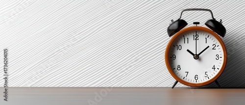 Classic alarm clock on wooden table against textured wall, symbolizing punctuality, time management, and productivity.