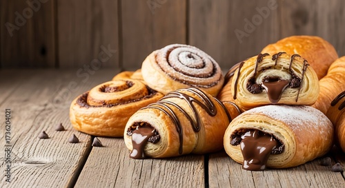 Assorted chocolate pastries on a wooden table