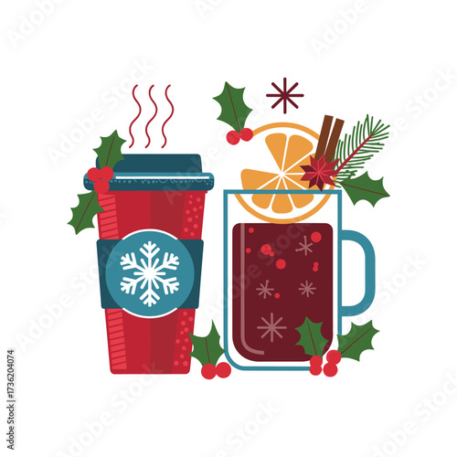 Christmas Hot Drinks with Coffee Cup, Mulled Wine and Holiday Decorations