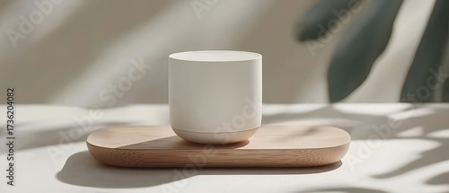 Minimalist ceramic cup on wooden tray in soft daylight, symbolizing calm, modern living, cozy interior, and slow lifestyle moments.