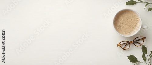 Cup of coffee with glasses on white wooden table, symbolizing morning routine, focus, relaxation, and minimalist lifestyle
