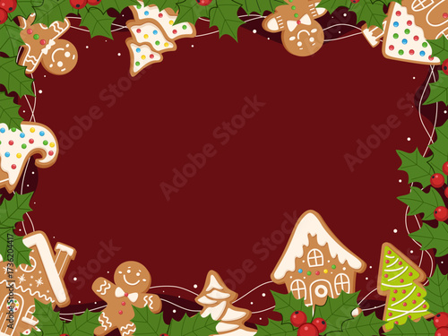 Christmas frame with gingerbread cookies, men, houses, Christmas trees and holly. Vector festive decor for greeting cards, invitations, posters, and seasonal projects. Red vector festive background.
