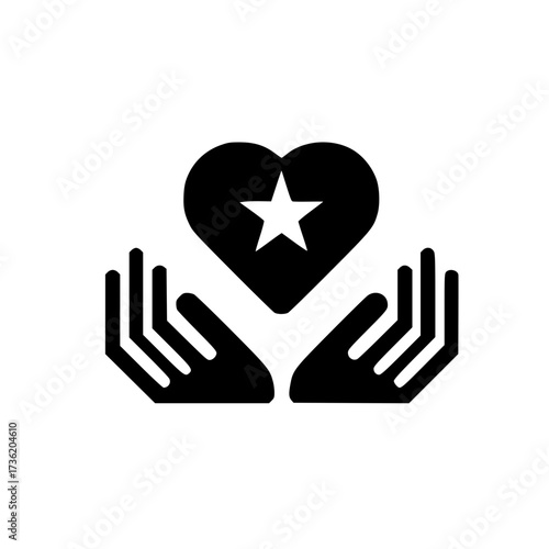 Vector icon of star inside heart above two open palms for hope, support, and emotional growth material
