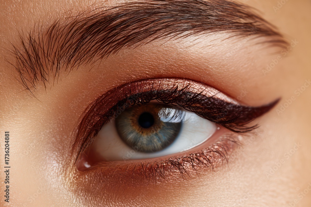 Obraz premium Young woman's eye with perfect eyeliner and shimmering makeup, beauty theme